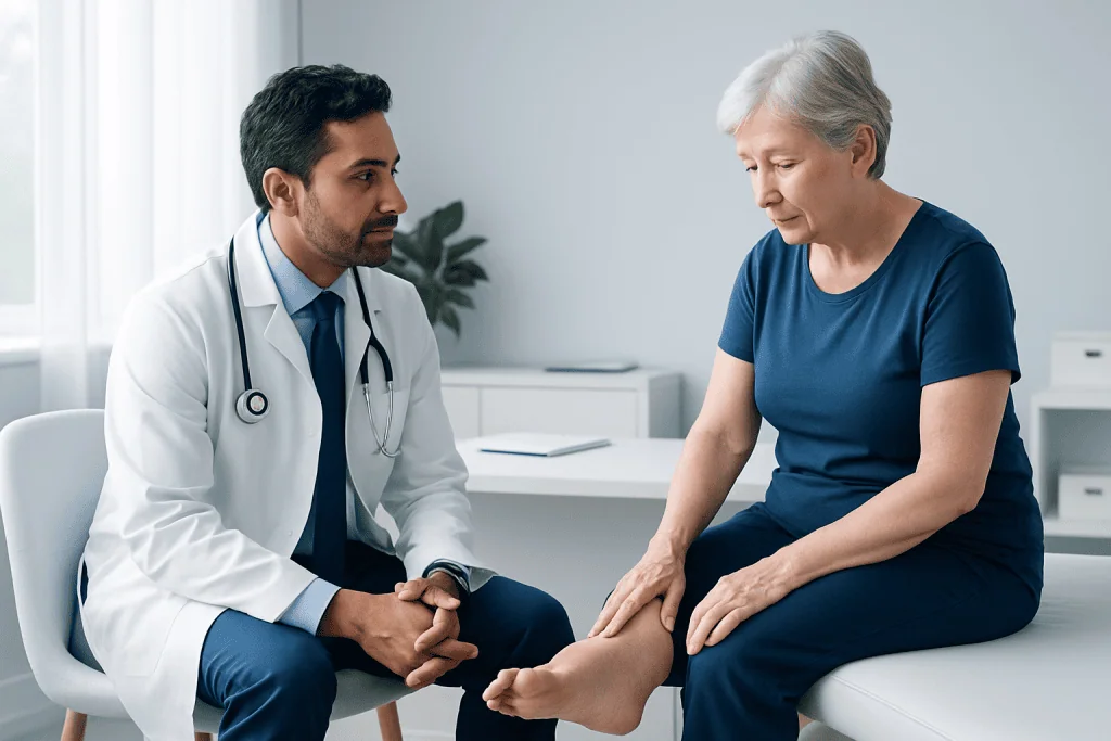 Doctor examining elderly woman's swollen ankle in a medical consultation.