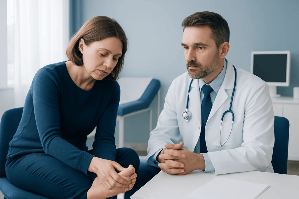 Doctor consulting with a woman patient about toe pain in a medical office.