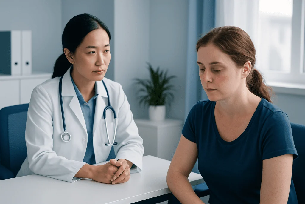 Doctor consulting with a patient about skin health in a clinical setting.