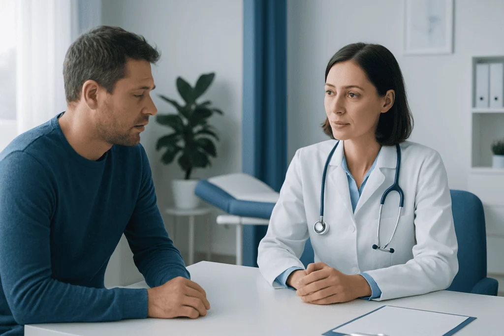 Doctor consulting with a patient about heart health in a medical office.