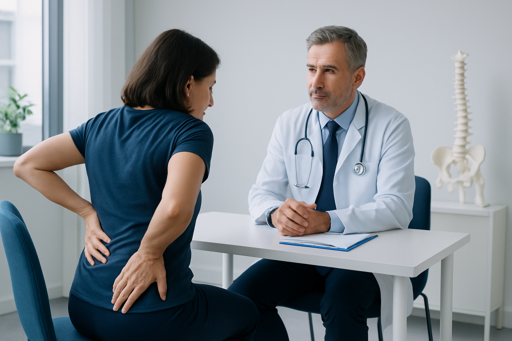 Doctor consulting with a patient about lower back pain in a clinic setting.