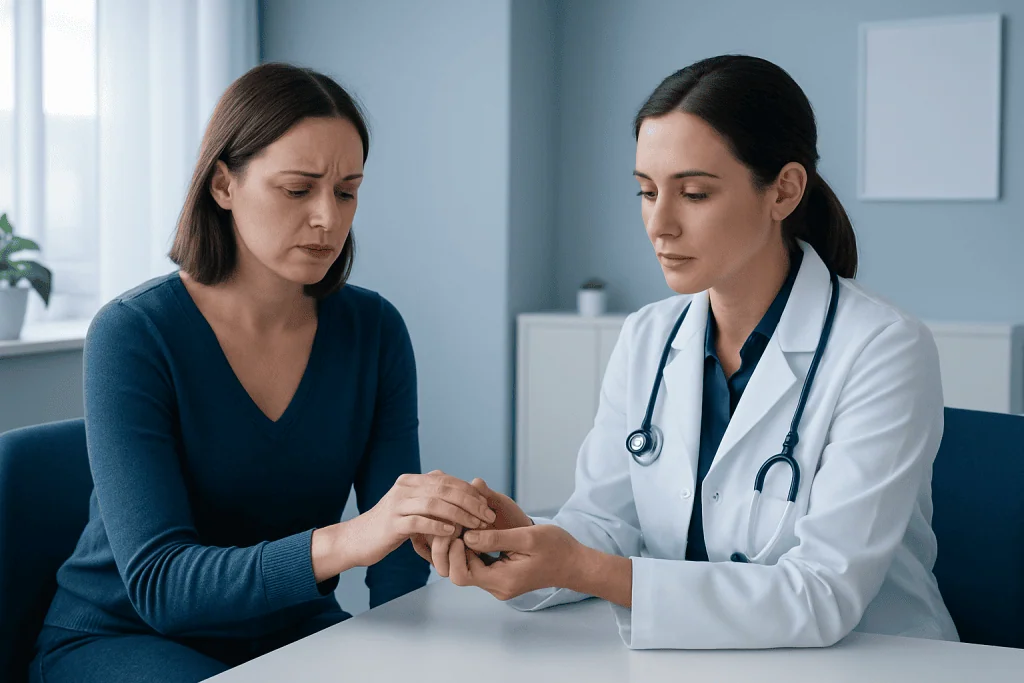 Doctor examining patient's hand for knuckle pain assessment.