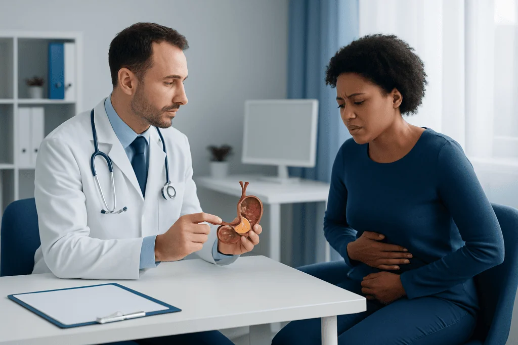 Doctor explaining gall bladder issues to a patient in a clinic setting.