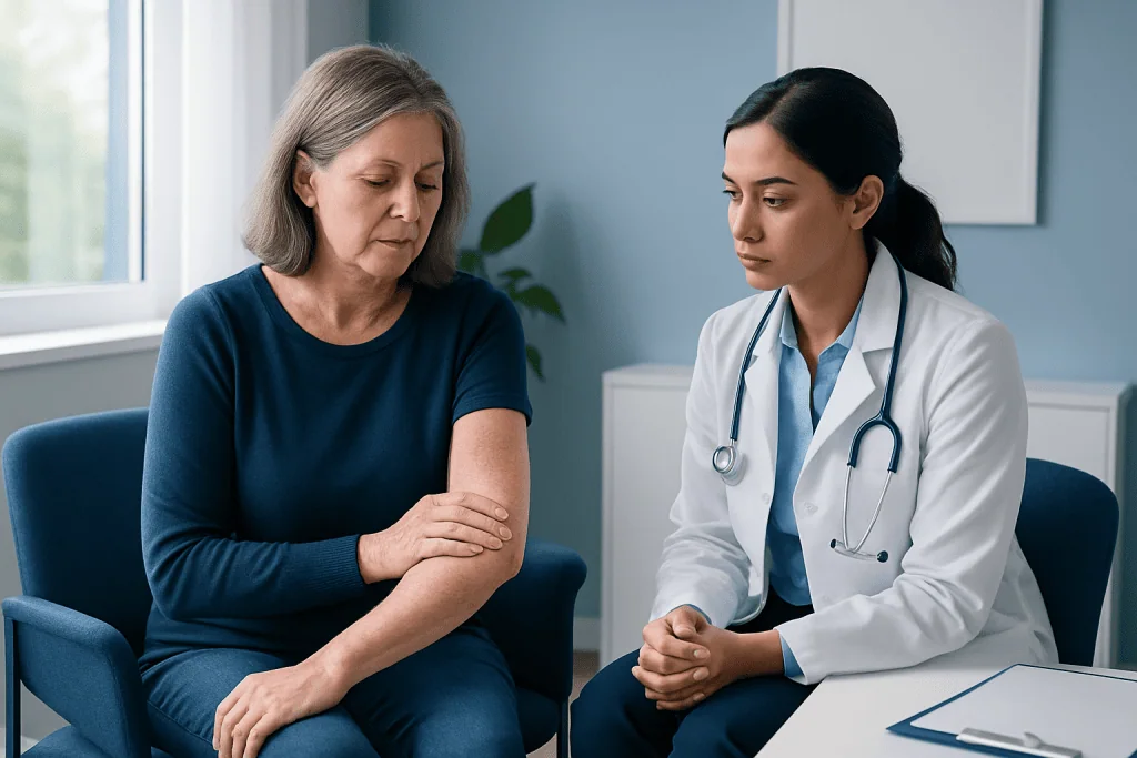 Doctor consulting with an elderly woman in a medical office.