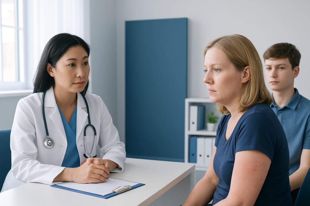 Doctor consulting with a woman patient in a medical office.