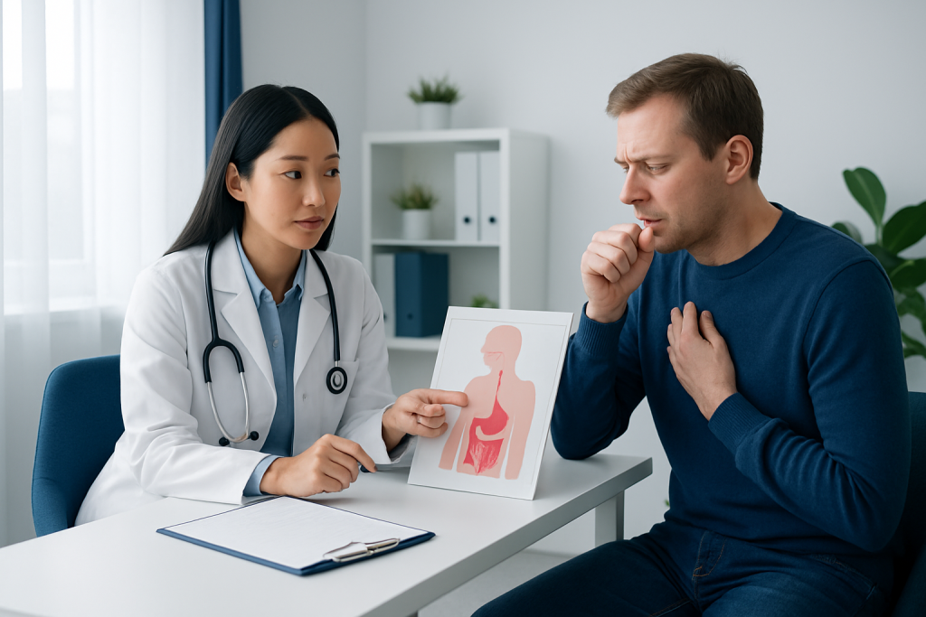 Doctor explains acid reflux symptoms to patient in consultation room.