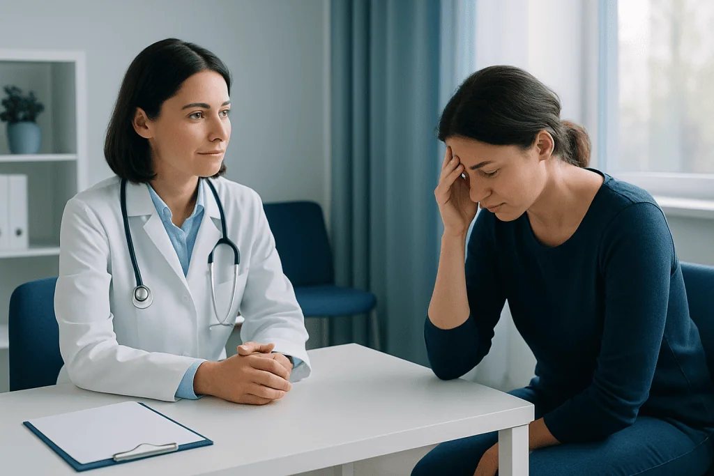 Doctor consulting with a woman experiencing stress or burnout symptoms.