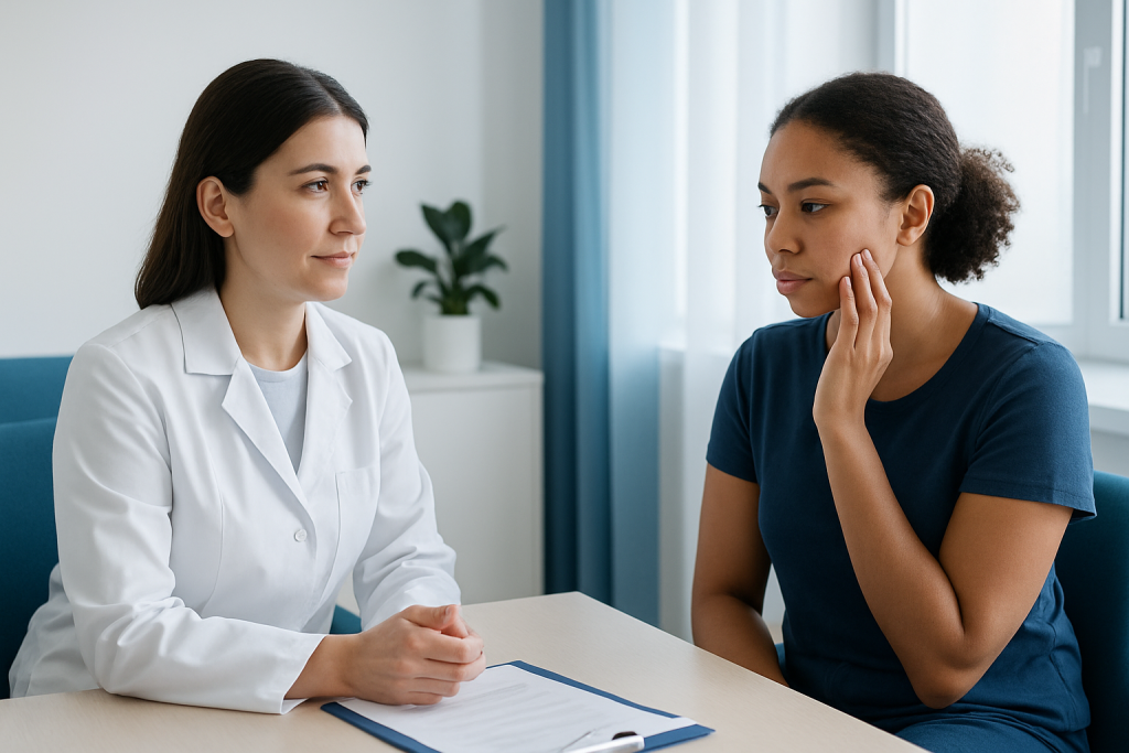 Doctor consulting with a patient about skin concerns in a medical office.