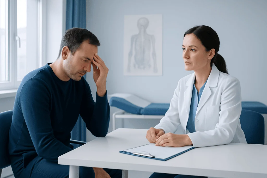 Patient consulting with a doctor about health concerns in a medical office.