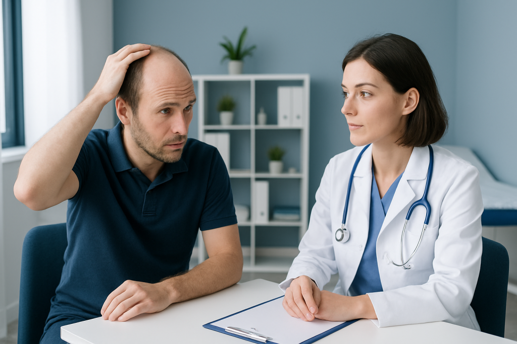 Man consulting with a doctor about hair loss or balding issues.