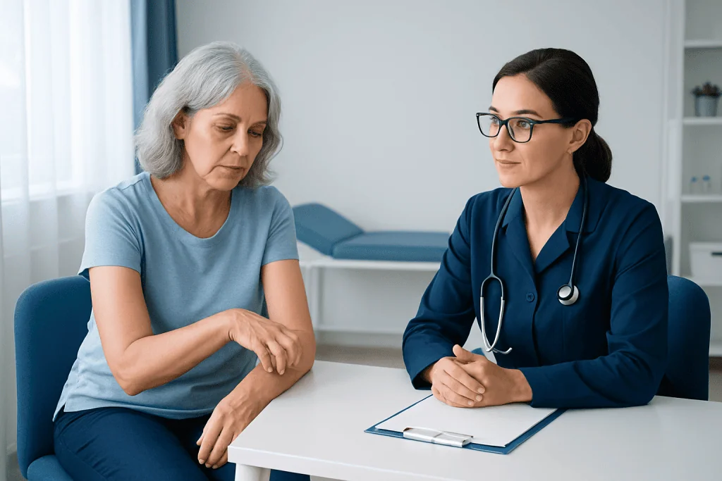 Doctor consulting with an elderly woman about menopause symptoms.