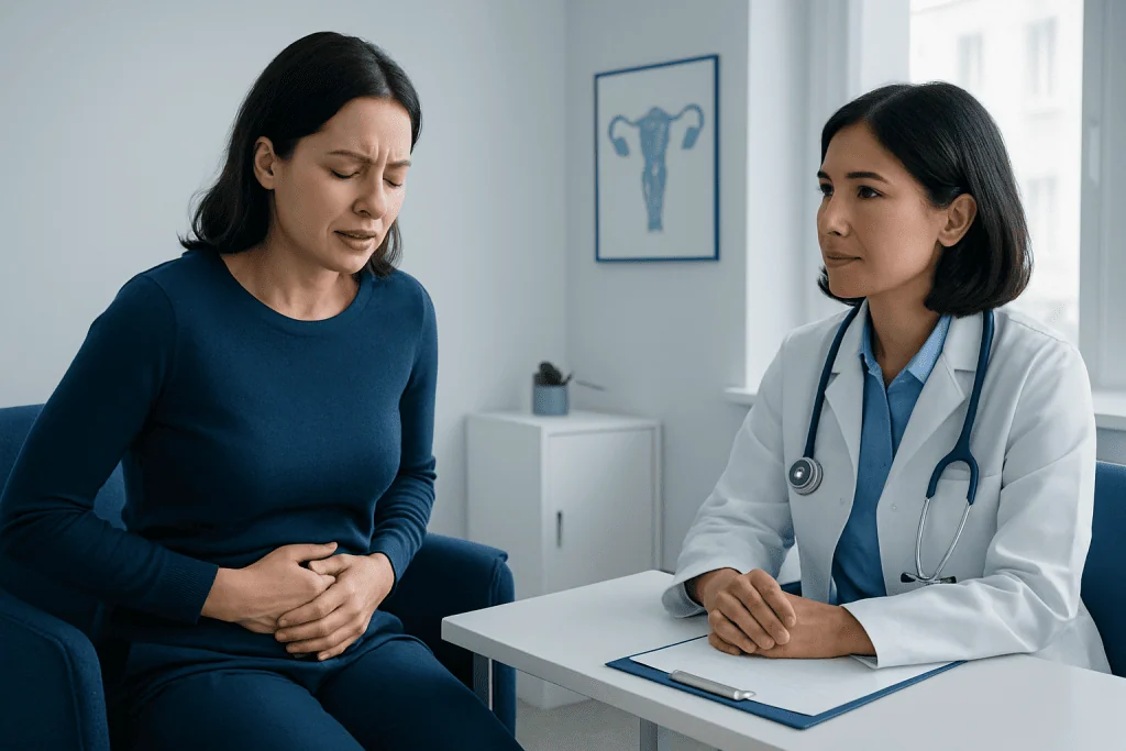 Woman experiencing abdominal pain during a medical consultation with a doctor.