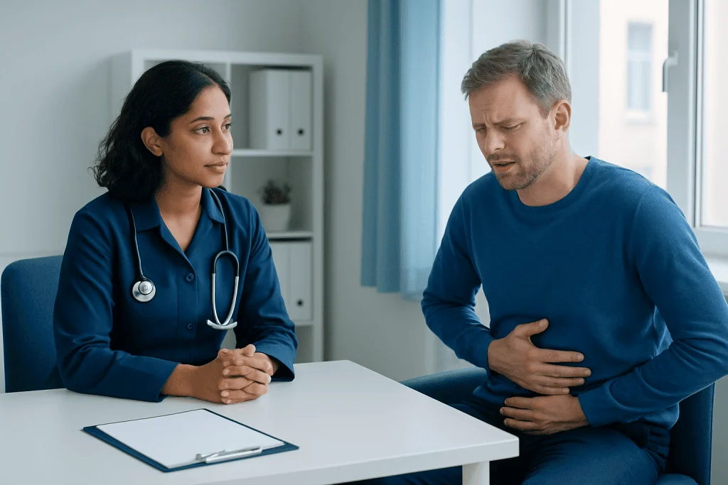 Patient experiencing stomach pain during consultation at hospital.