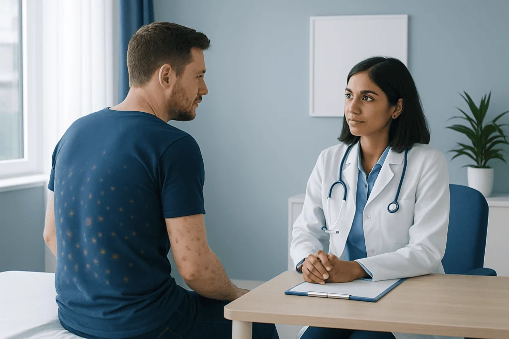 Doctor consulting with male patient in a medical office setting.