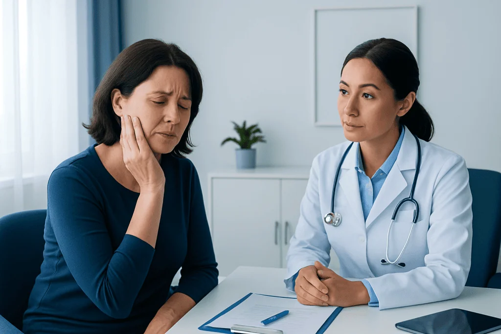 Woman experiencing jaw pain consulting a healthcare professional.