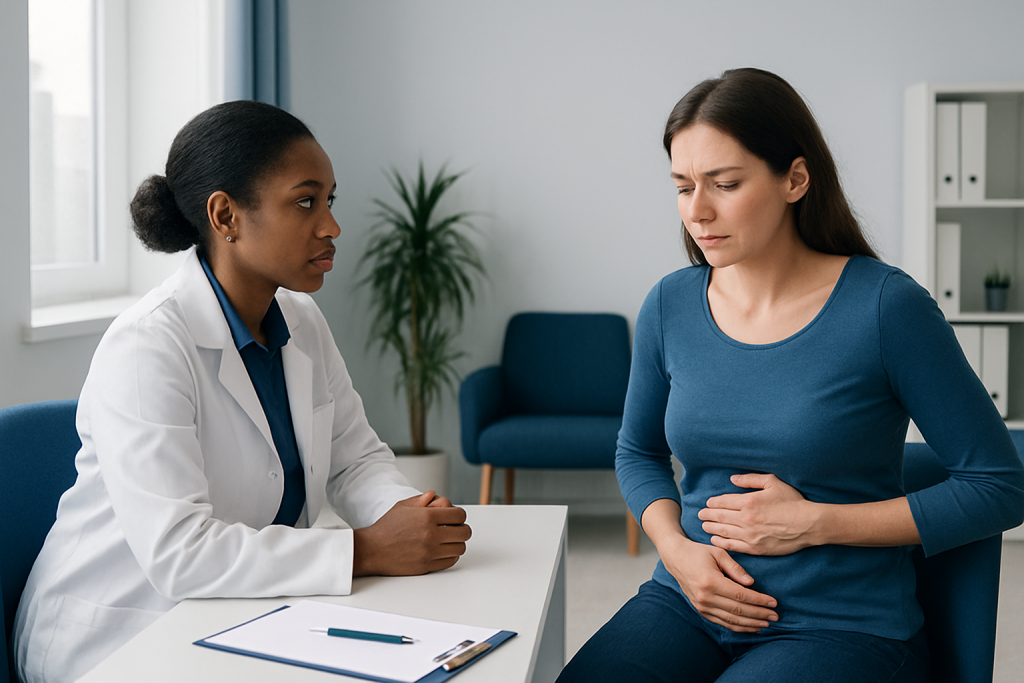 Doctor consulting a patient with stomach pain in a medical office.