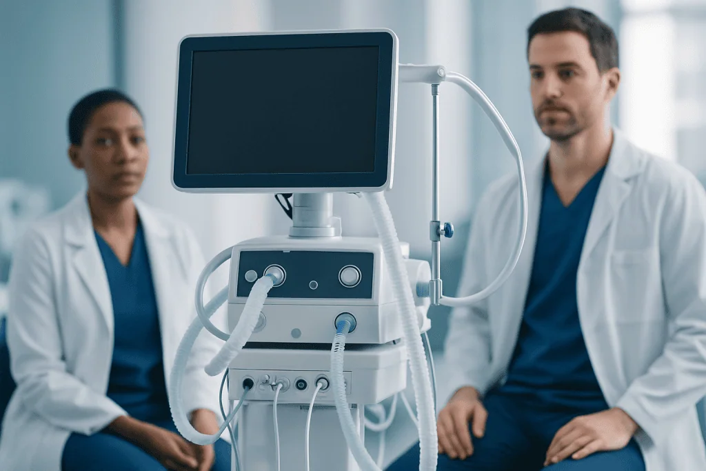 Medical professionals with ventilator equipment in a hospital setting.