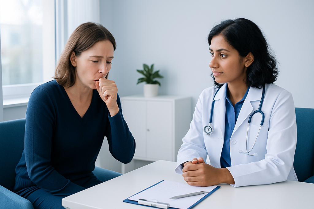 Doctor consulting with a patient about cough symptoms in a clinical setting.