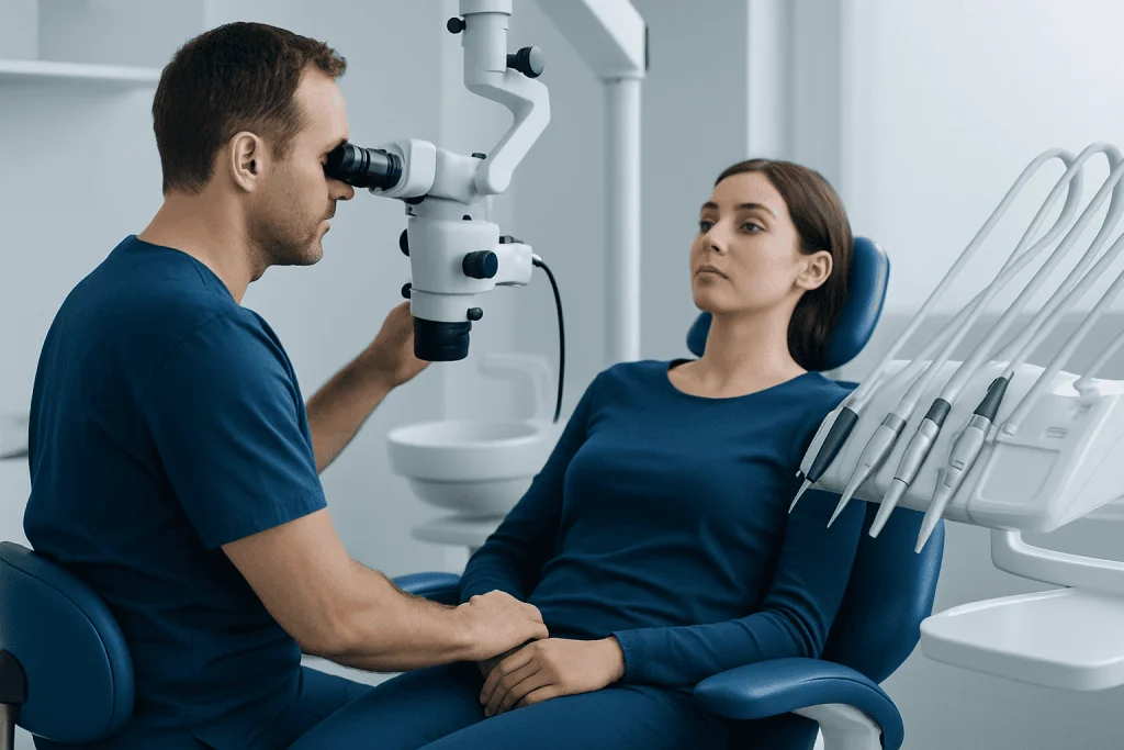 Dentist examining patient with dental microscope in clinic.