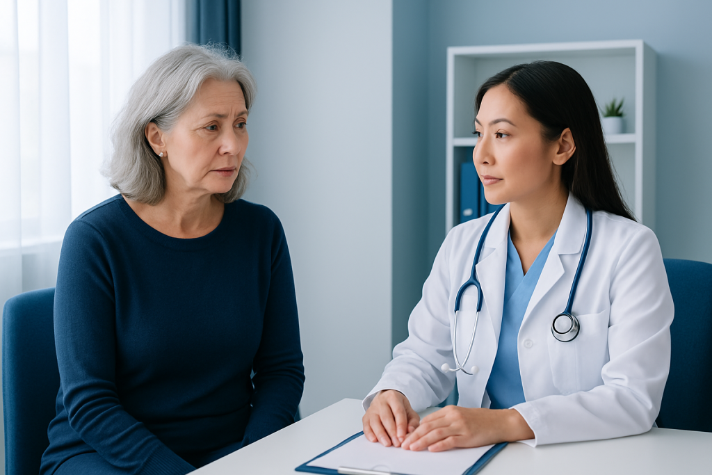 Doctor consulting with an older woman about menopause symptoms in a clinic.