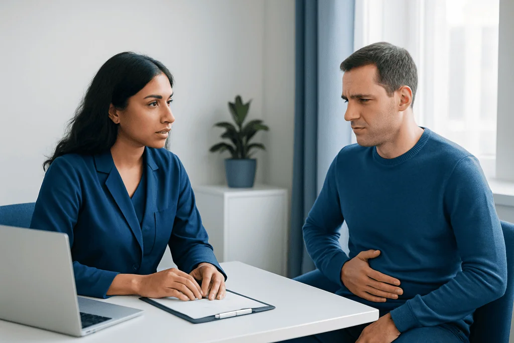 Doctor consulting with a patient about digestive health issues.