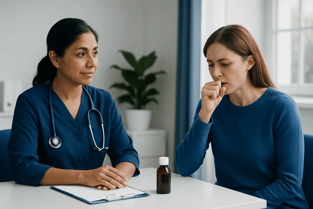 Doctor consulting with a patient about cough syrup side effects and red flags.