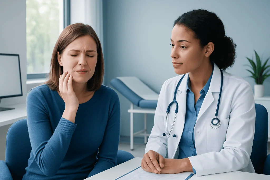 Patient experiencing facial discomfort during consultation at Acibadem Hospital.