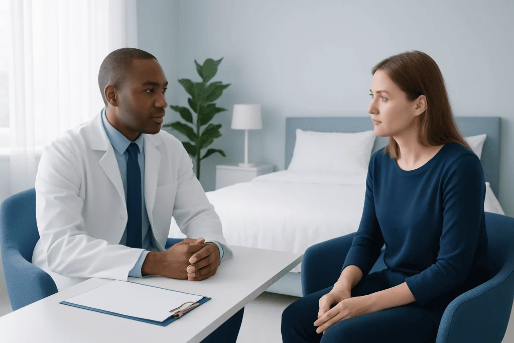 Doctor consulting with a female patient in a modern clinic room.