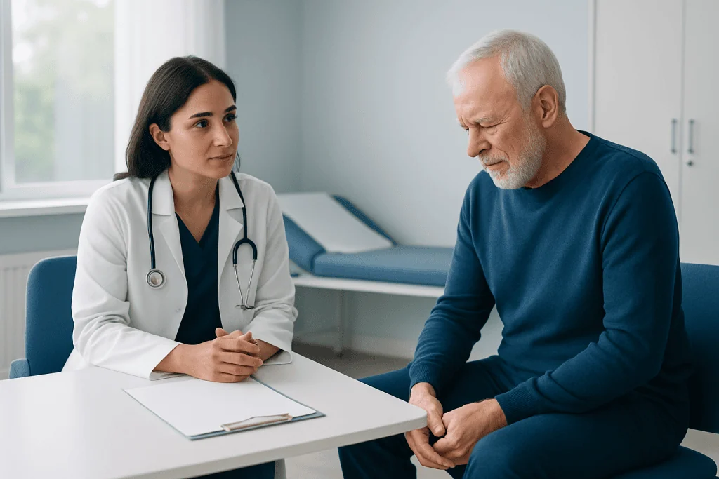 Doctor consulting with an elderly patient about arthritis symptoms.