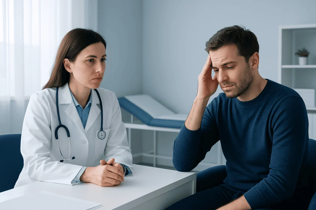 Doctor consulting with a patient experiencing headache or stress symptoms.