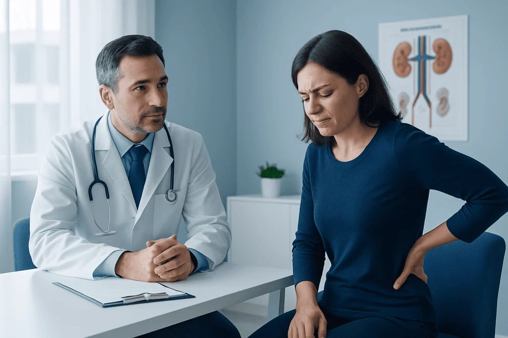 Doctor consulting a woman with kidney pain in a medical office.
