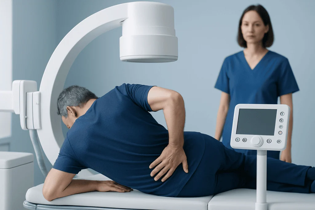 Patient undergoing a medical scan for lower back pain assessment at Acibadem Hospital.