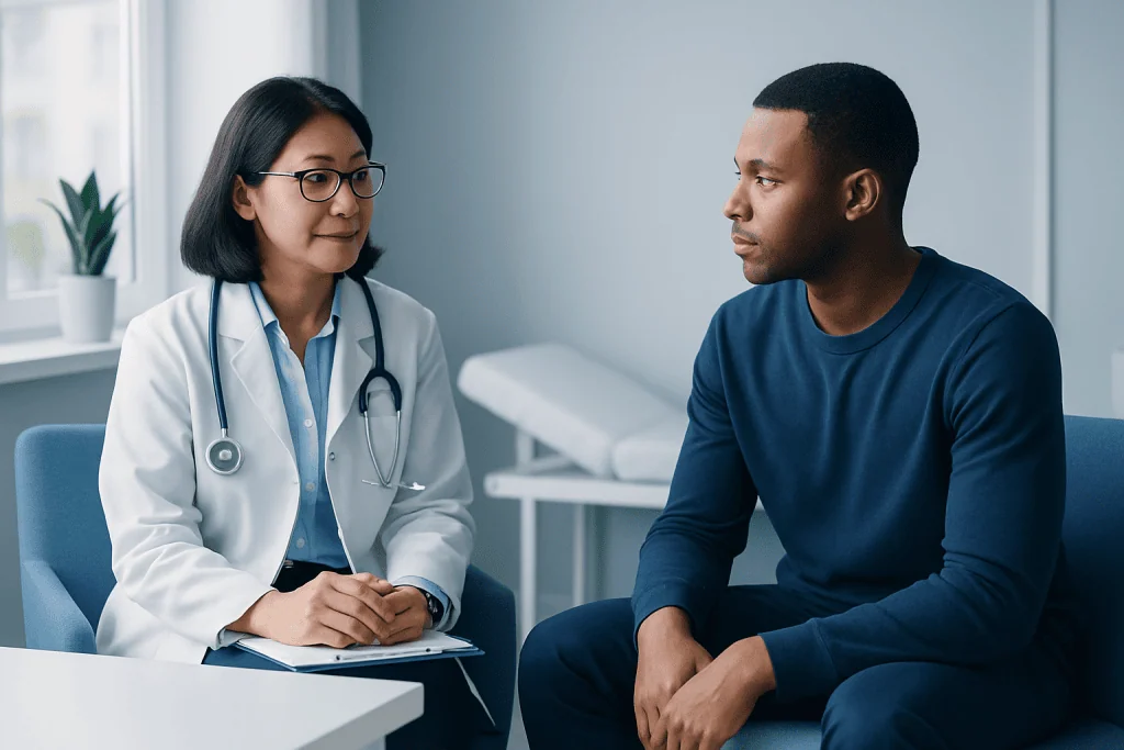 Doctor consulting with a male patient in a medical office.