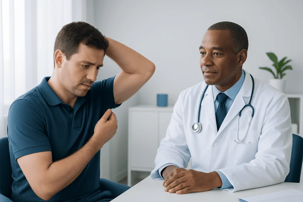 Doctor consulting with patient about excessive sweating treatment options.