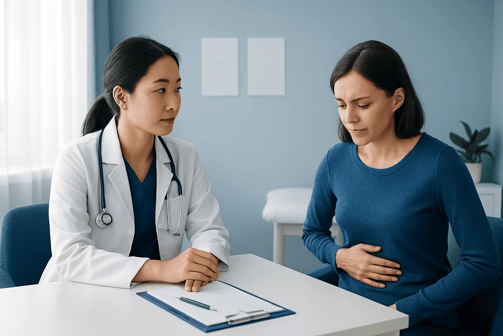 Doctor consulting a woman with stomach pain in a medical office.