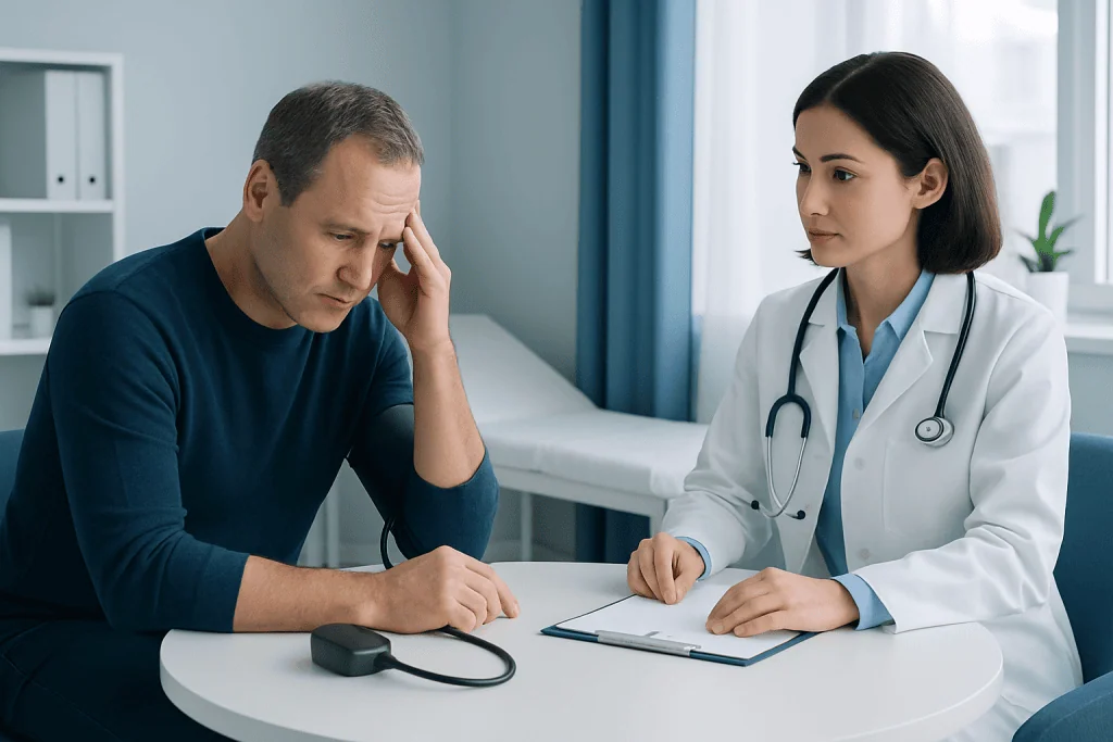 Doctor consulting with a middle-aged man about hypertension symptoms.