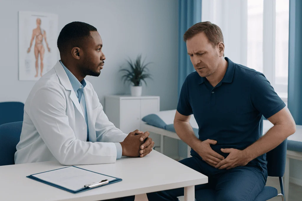 Doctor consulting with patient about inguinal hernia symptoms and triggers.