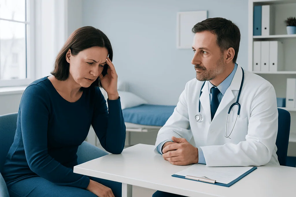 Woman consulting with doctor about headache symptoms in a medical office.
