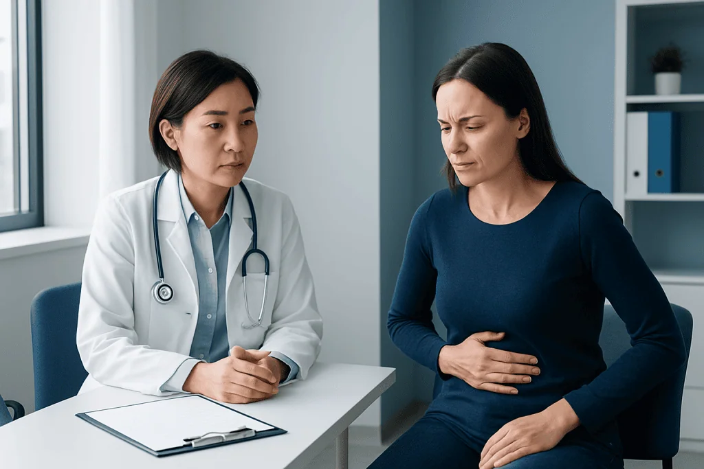 Doctor consulting a woman with stomach pain in a medical office.
