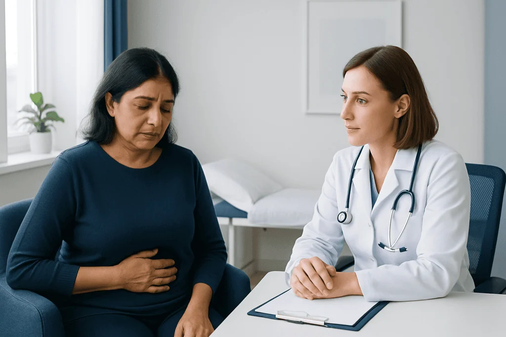 Doctor consulting with a patient experiencing stomach pain in a medical office.