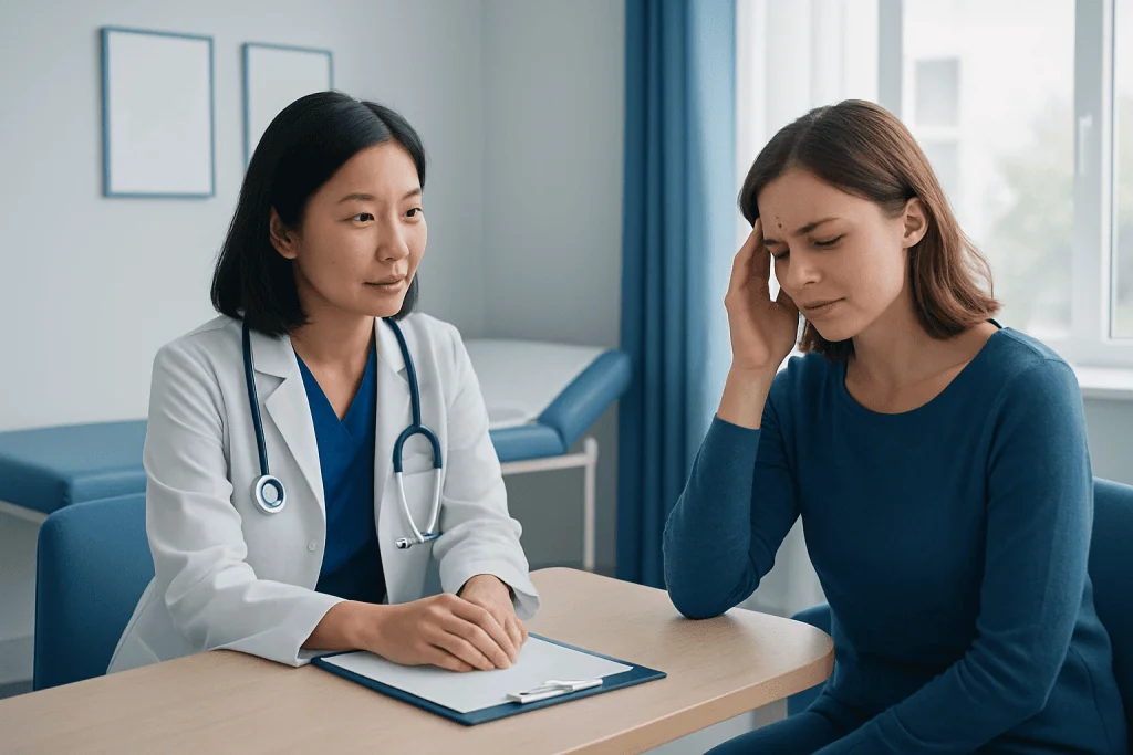 Doctor consulting a patient with headache in a medical office.