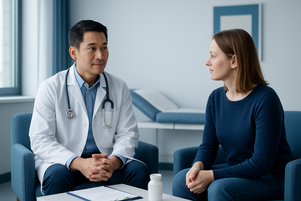 Doctor consulting with a female patient in a medical office.