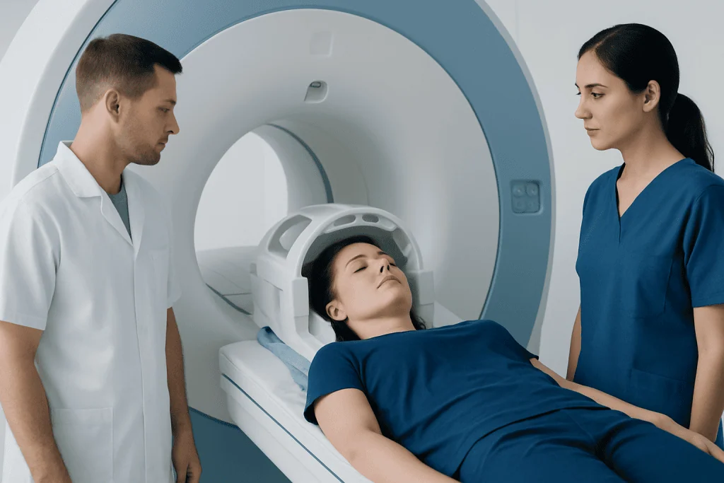 Patient undergoing MRI scan with medical staff in a hospital setting.