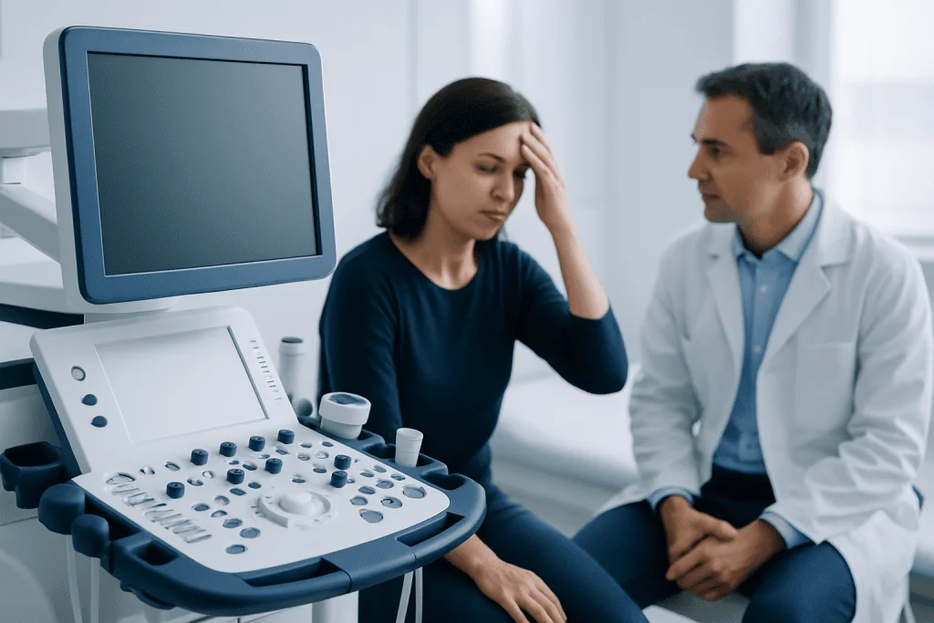 Woman experiencing headache during medical consultation at Acibadem Hospital.