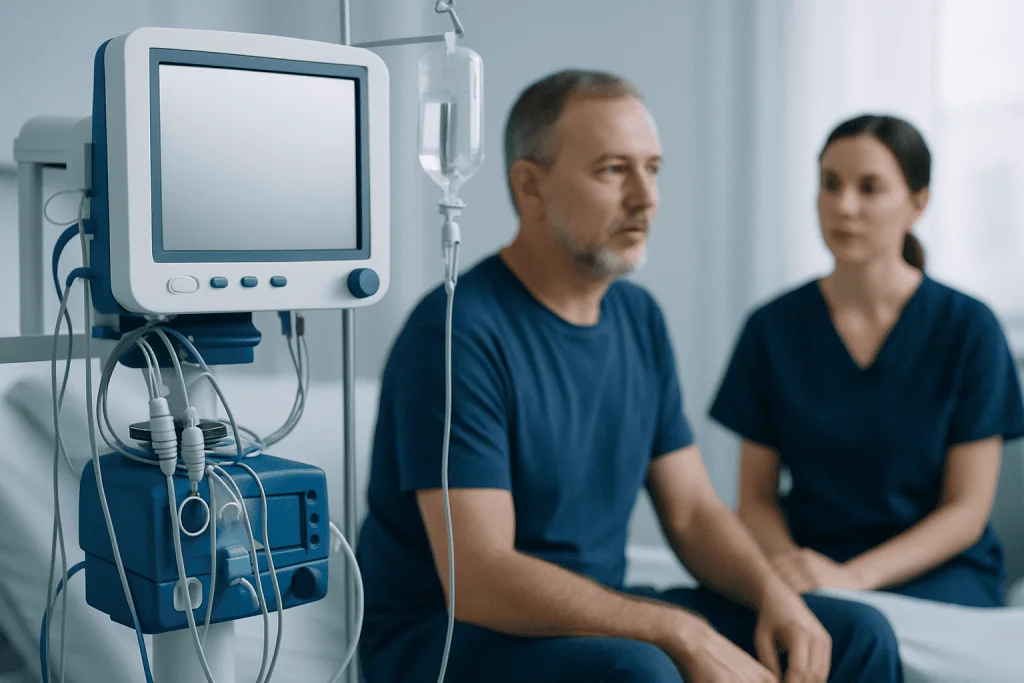 Patient in hospital room with medical monitor and healthcare professional.