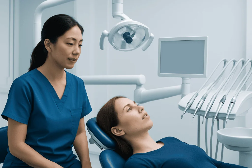 Dentist consulting with patient in dental clinic setting.