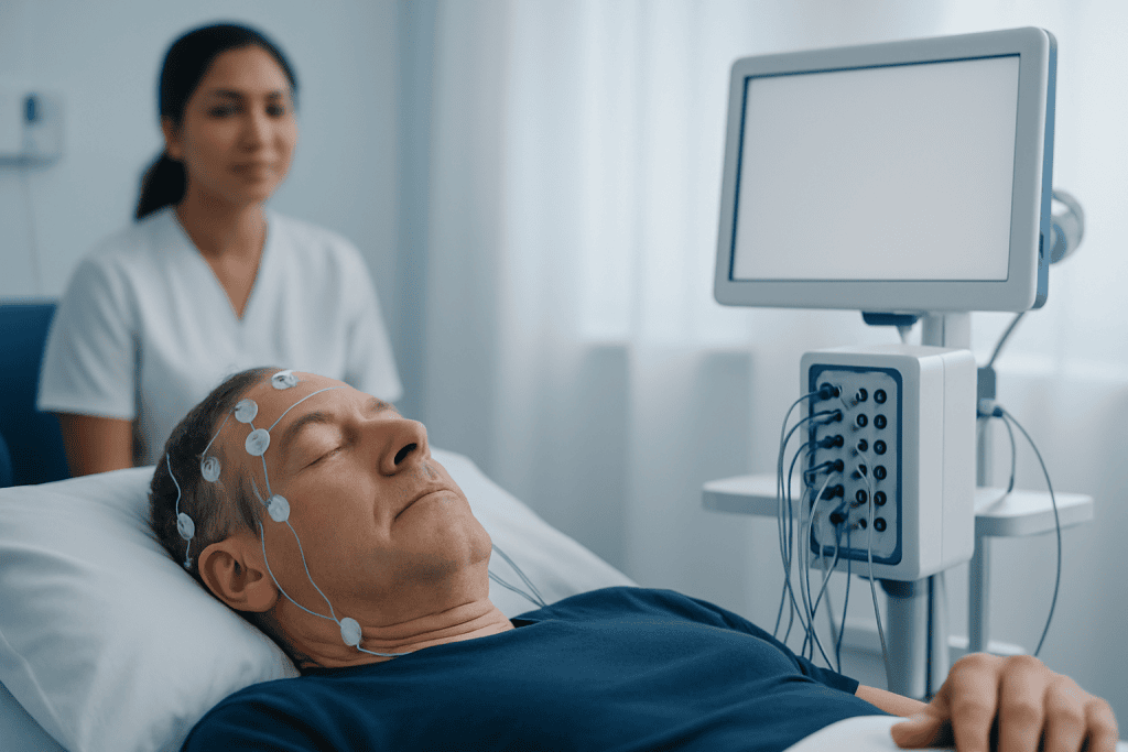 Patient undergoing sleep study for movement disorders at Acibadem Hospital.