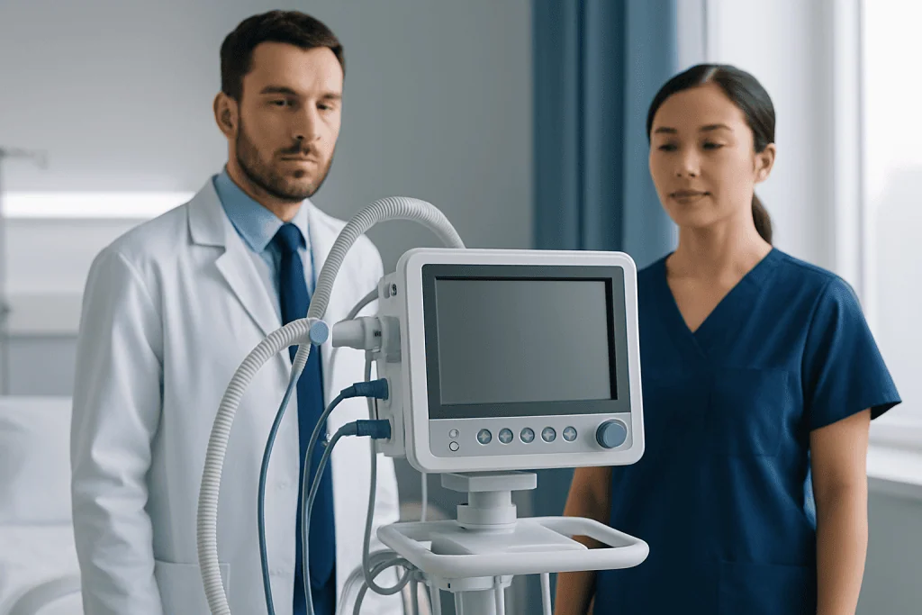 Medical professionals with ventilator in hospital setting.