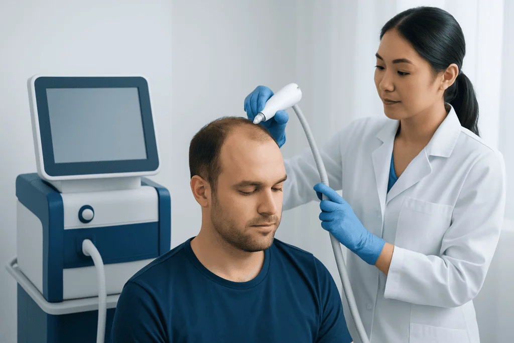 Medical professional performing scalp treatment with advanced device at clinic.
