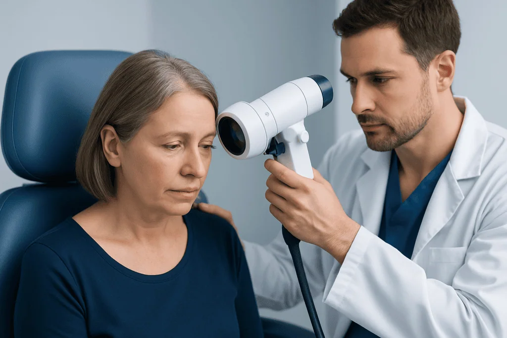 Doctor examining scalp bumps in a clinical setting with a dermatoscope.